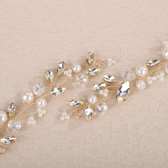 Hair Accessories Gold Headband with Rhinestones and Pearl for Wedding Brides - Picture 4 of 5